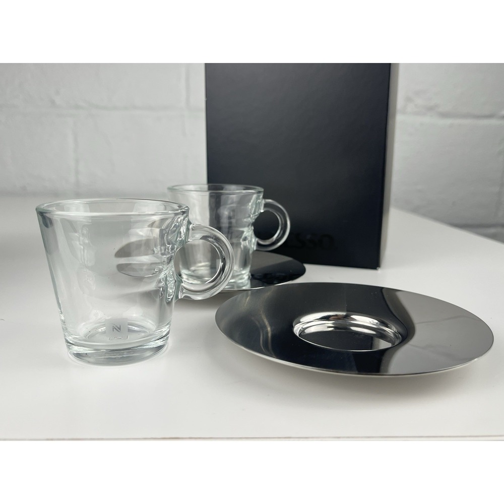 Nespresso VIEW Glass Espresso Cups Stainless Steel Saucers NEW Set of 2